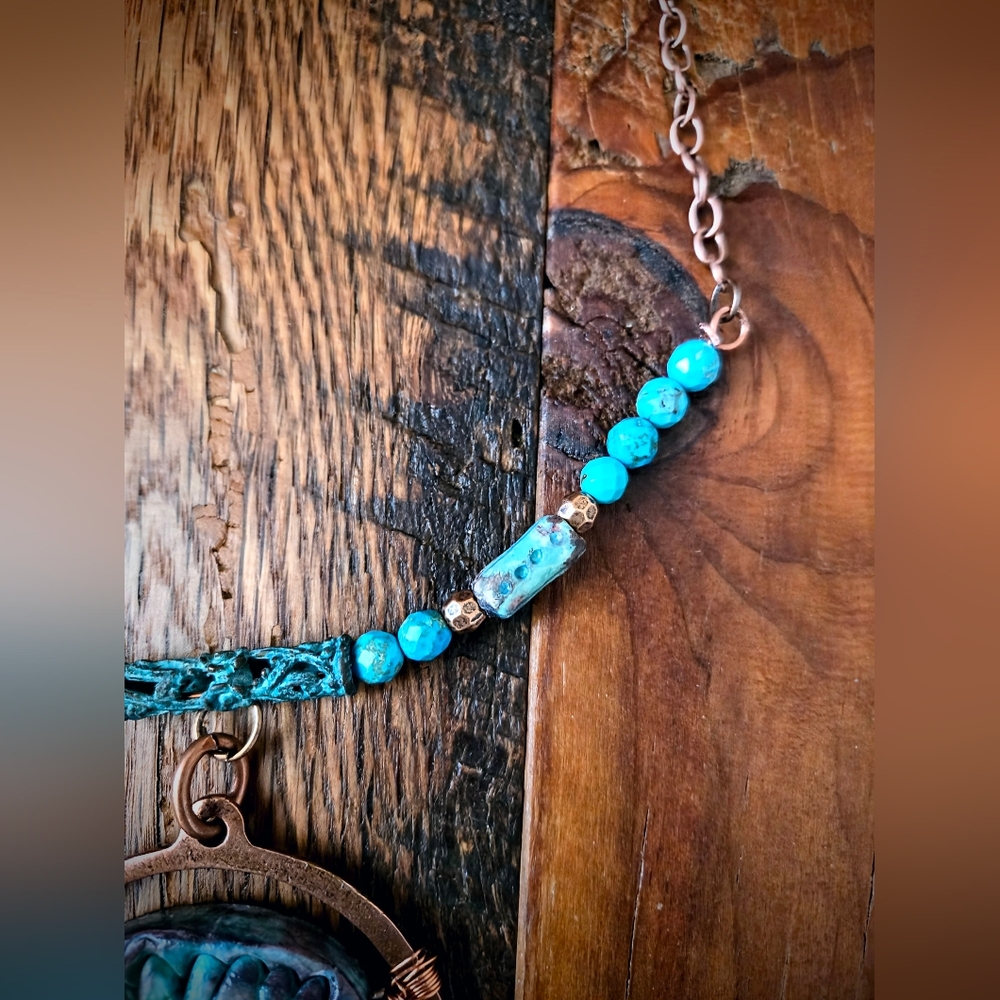 Rugged & Weathered Roman Inspired Empress Verdigris Clay & Turquoise Necklace - Picture 6 of 11